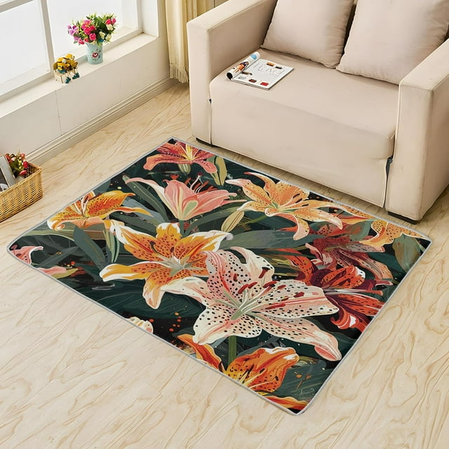 Lily Rug, Bloom Flower Area Rug 4x6, Plant Floral Rugs for Bedroom, Rugs Low Pile Washable Stain Resistant Easy Clean for Dining Room, Living Room Soft Carpet Decor Xsu&-259