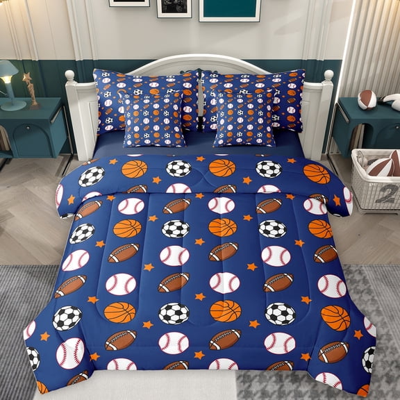 Homewish Ball Sport Lovers 7-Piece Twin Bedding Sets,Basketball Football Baseball Bedding Comforter Set,Deepblue White Browne Sheet Sets For Boys Kids,Ultra Soft Home Decor Reversible