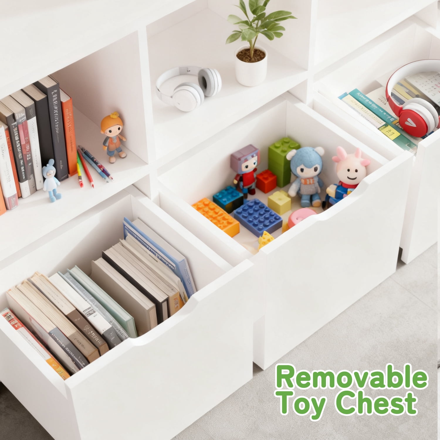 Kbun 5 Cube Toy Storage Cabinet, Kids Geometric Bookcase and Bookshelf with 3 large Drawers, Toddler Book Shelf for Kids Rooms, Playroom, Nursery, Kindergarten White