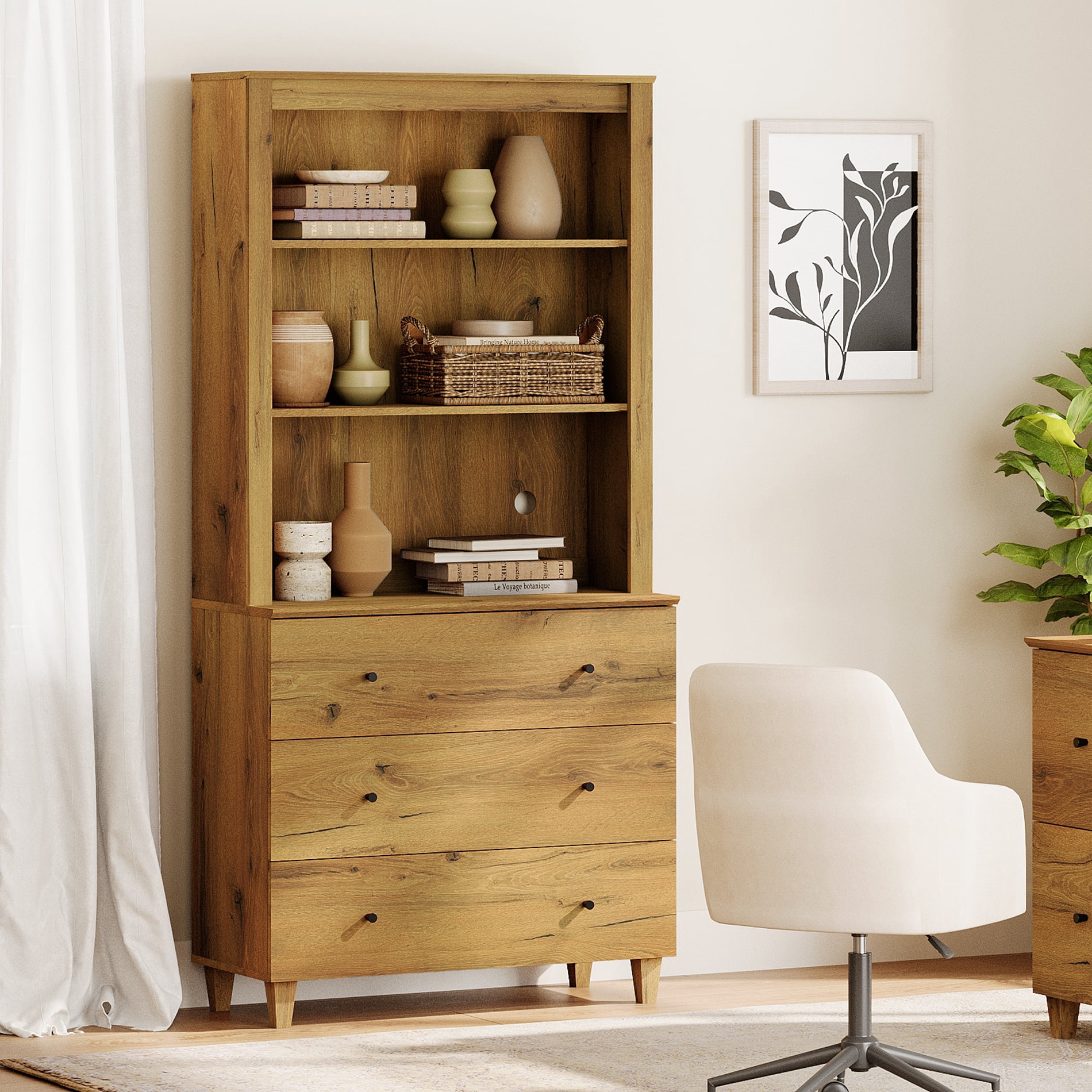 WAMPAT Modern 71 Inches Tall Bookcase with 3 Drawers, 3-Tier,Oak Brown
