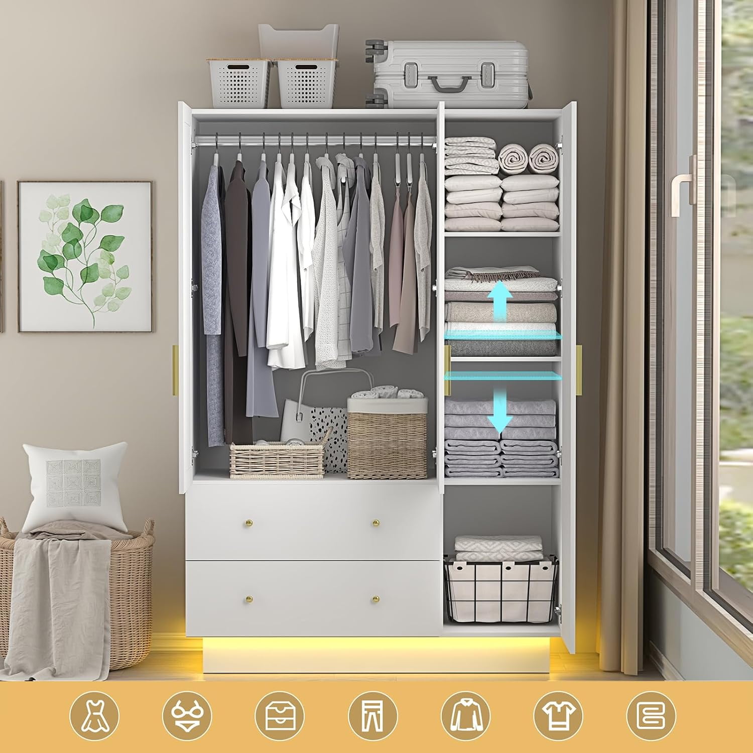 3 Doors Armoire Wardrobe Closet with Mirror and LED Lights, Armoire with Doors and Drawers, Modern Wooden Armoire Wardrobe Closet with Hanging Rod for Bedroom