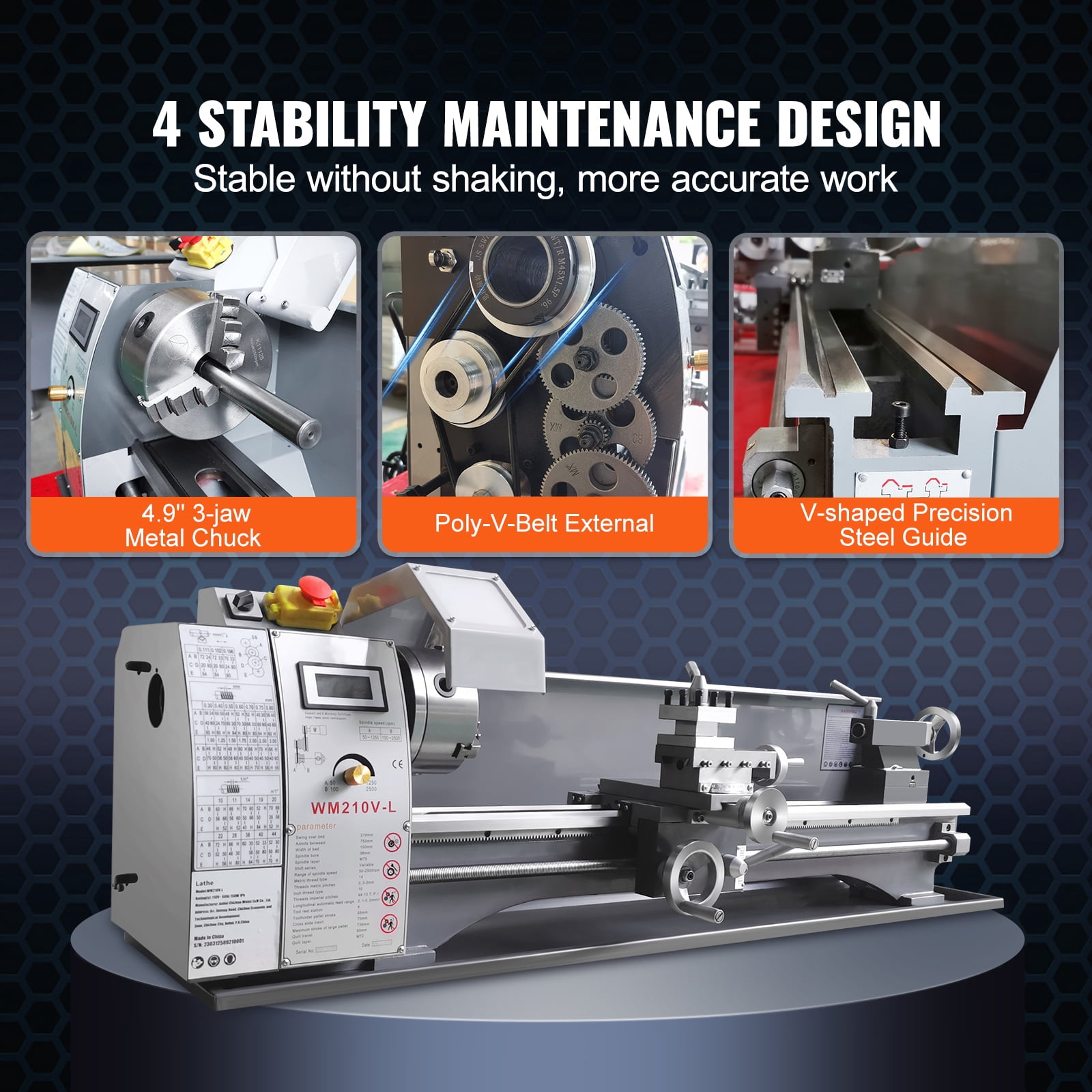 SKYSHALO Benchtop Metal Lathe, 8.3'' x 29.5'', designed for precise metalworking. Features a 0-2500 RPM variable speed, 750W brushless motor, and durable metal gears. Includes a tool box.