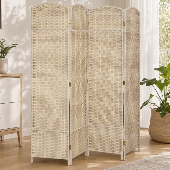 HOMCOM 4 Panel Room Divider, 6' Tall Folding Privacy Screen, Hand-Woven Freestanding Wood Partition for Home Office, Bedroom, Washed Oak