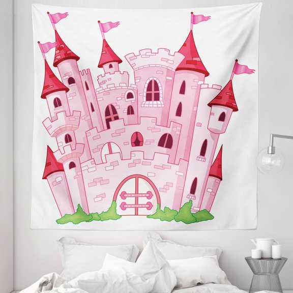 Fantasy Tapestry, Cartoon Castle Tale Cartoon Magic Kingdom Cartoon Illustration Art, Fabric Wall Hanging Decor for Bedroom Living Room Dorm, 5 Sizes, Pink White, by Ambesonne