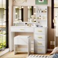 thumbnail image 1 of AOGLLATI Makeup Vanity Set with Lights, Vanity Desk with Mirror and Lights, White Vanity Table with Cushioned Stool, Makeup Desk with Charging Station, Visible Drawers, Open Storage Shelves, 1 of 4