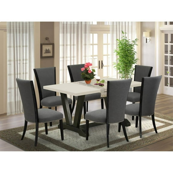 East West Furniture V-Style 7-Piece Wooden Dining Set in Black/White/Dark Gray