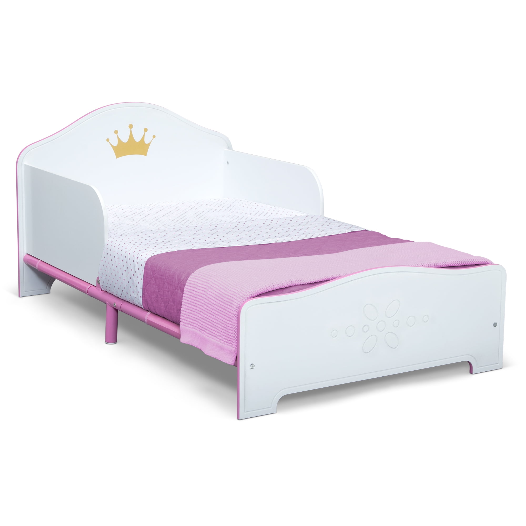 Delta Children Princess Crown Wood Toddler Bed with Fabric Mattress Support, Greenguard Gold Certified, White/Pink