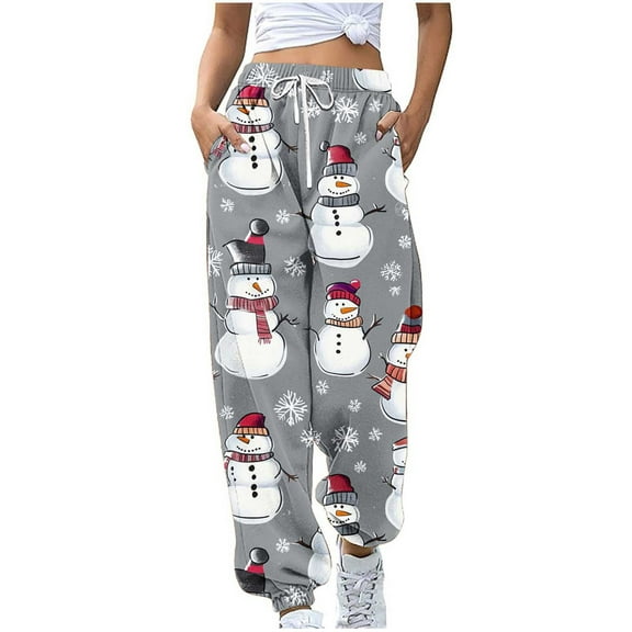 Cavosen Christmas Women Pants Casual Work Trousers with Pockets Snowman Elastic Waist Bottoms Drawstring Jogger Holiday Pants