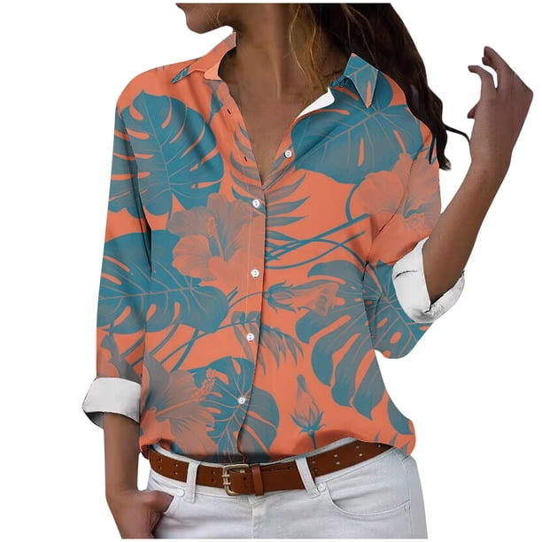 Camisas de Mujer Casual, Manga Larga Serie Naranja Impresa Botón de Solapa Hasta Blusa de Ajuste Regular Hecha de Poliéster para Todas las Estaciones, Botón de la Camisa de las Mujeres