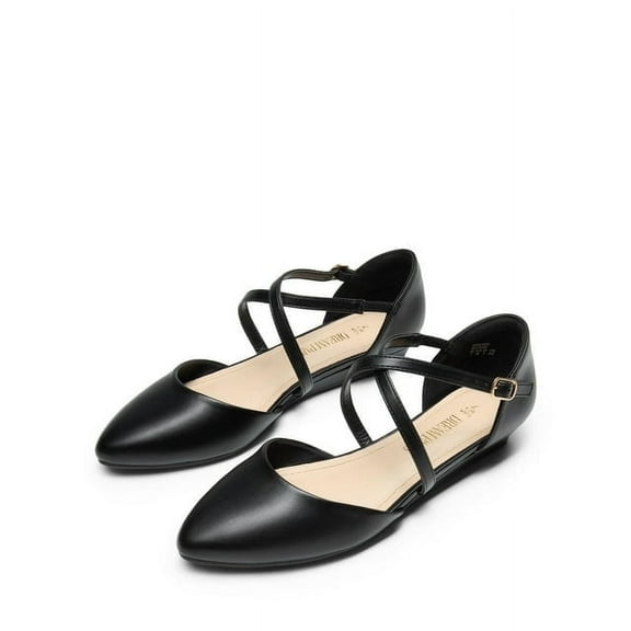 DREAM PAIRS Women's Pointed Toe Ballet Low Wedge Heeled Ankle Strap Flats Shoes Slip-on Dress Shoes BLACK-PU Size 8