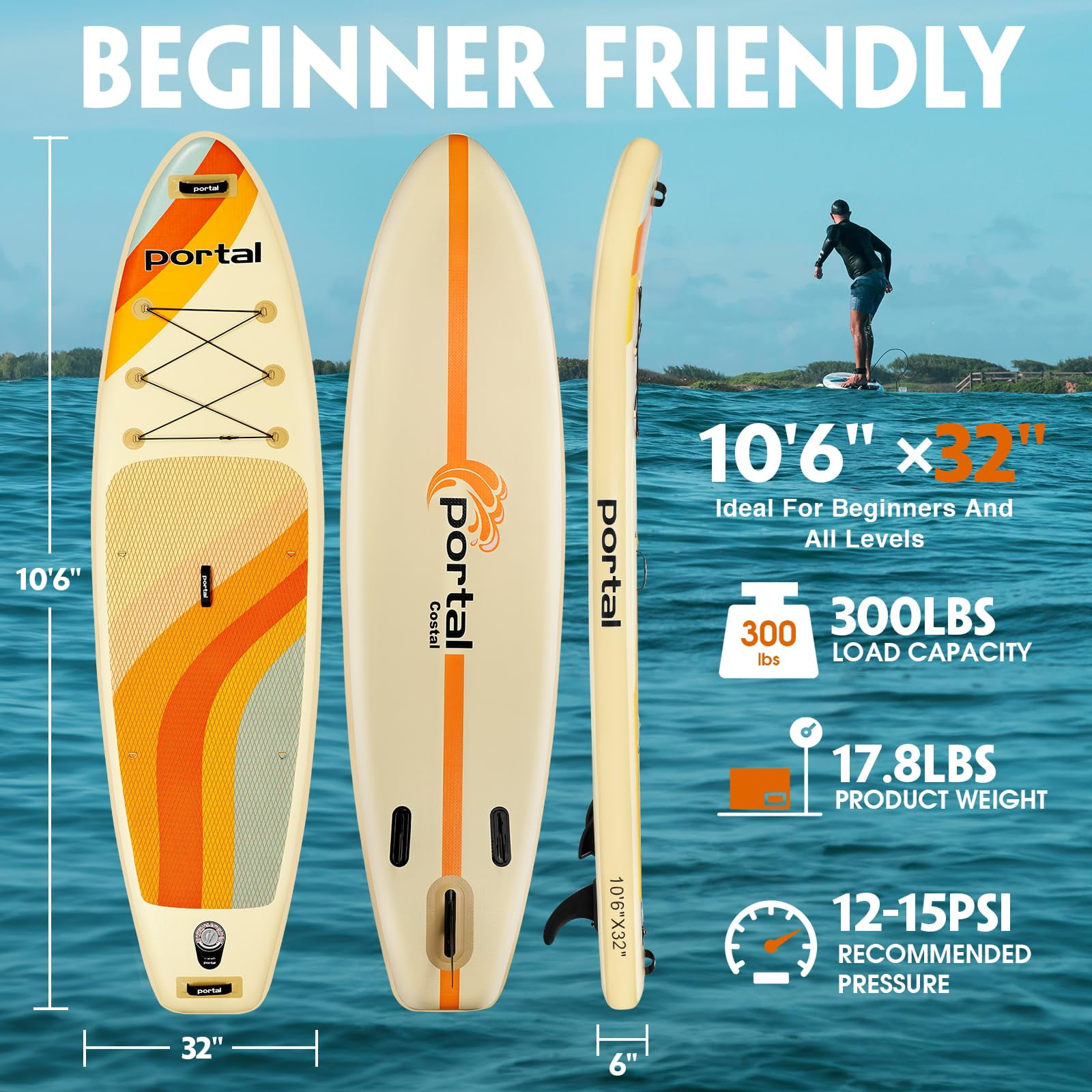 PORTAL SUP Inflatable Paddle Board for Adults 10'6'' Stand Up Paddleboard,Non-Slip Deck Blow up Paddle Boards with Adjustable Paddle, Carry Bag, and Repair Kit