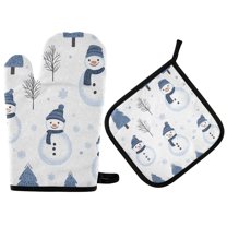 Yayeee Oven Mitts and Pot Holder Set of 2 Heat Resistant Kitchen Gloves Baking Hot Pad, Cartoon Snowmen