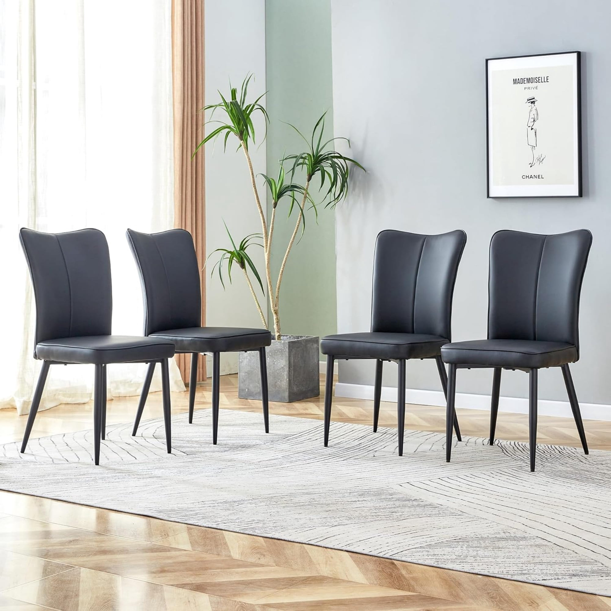 SUDICA Dining Chairs Set of 6, Black Faux Leather Upholstered Side Chairs with Black Metal Legs for Dining Room and Kitchen