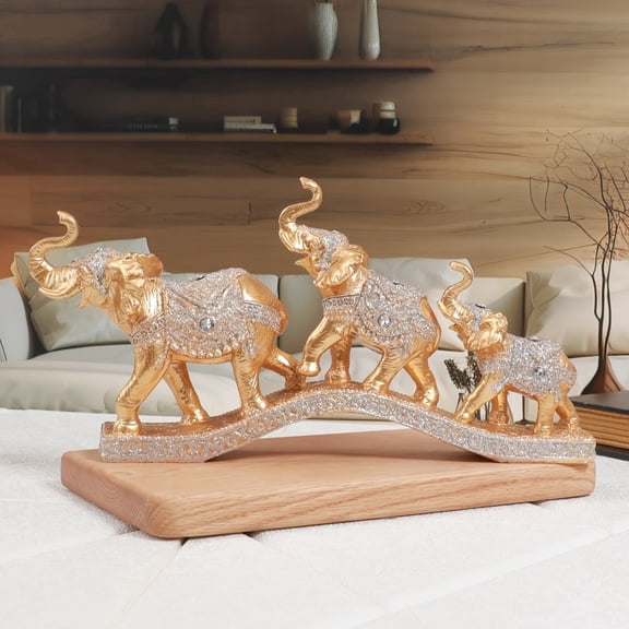 Lucky Three Elephants Resin Sculpture - Modern European Style Home Decor, Sparkling Gold & Crystal Accent Figurine for Living Room, Office & Gift