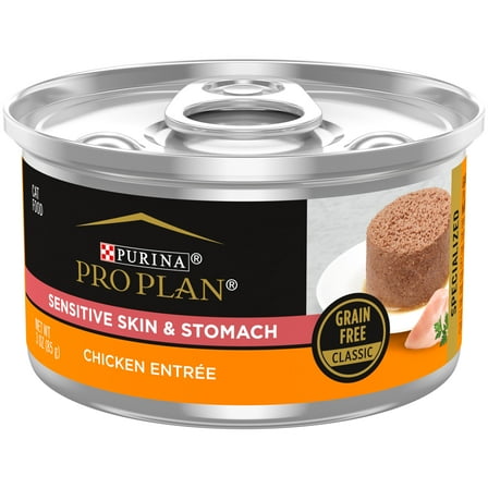 (24 Pack) Purina Pro Plan Sensitive Skin and Sensitive Stomach Cat Food Wet Pate, Grain Free Chicken Entree, 3 oz. Cans