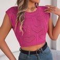 thumbnail image 5 of AherBiu Crop Tops pour Femmes Été Tricoté Crochet Couleur Unie Col Rond Manches Courtes Coupe Ample Pulls Tees, 5 of 5