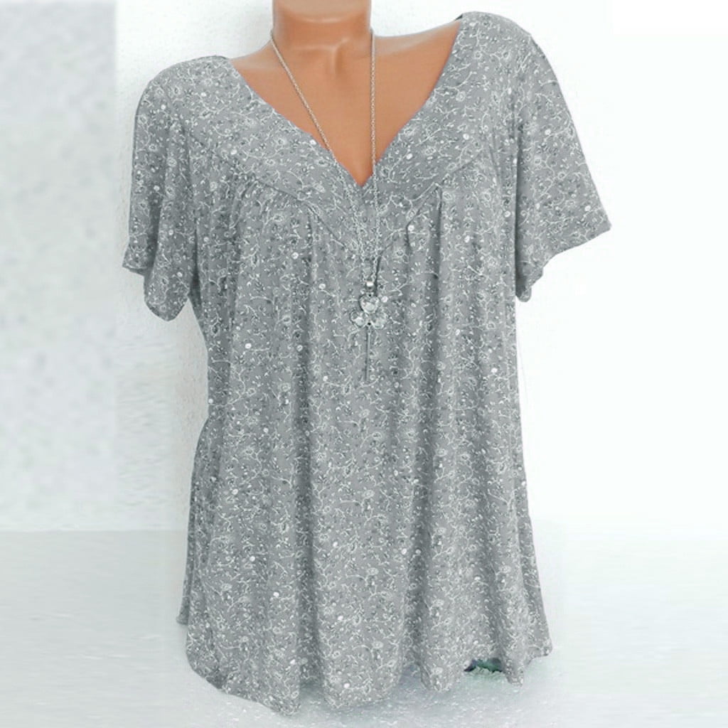 Plus Size Blouse for Women Fashion Casual Solid Color Printing V-Neck Short Sleeve Ruched Tunic Tee Summer Camisas De Mujer T-Shirt Tops