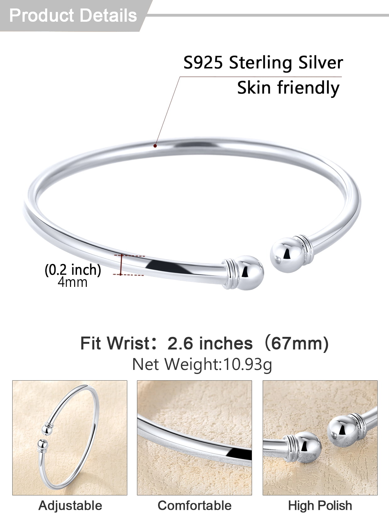 U7 Womens Bracelets 925 Sterling Silver Open Bangle Bracelet 7mm Round Ball Trendy Cuff Bangle Gift for Daughter