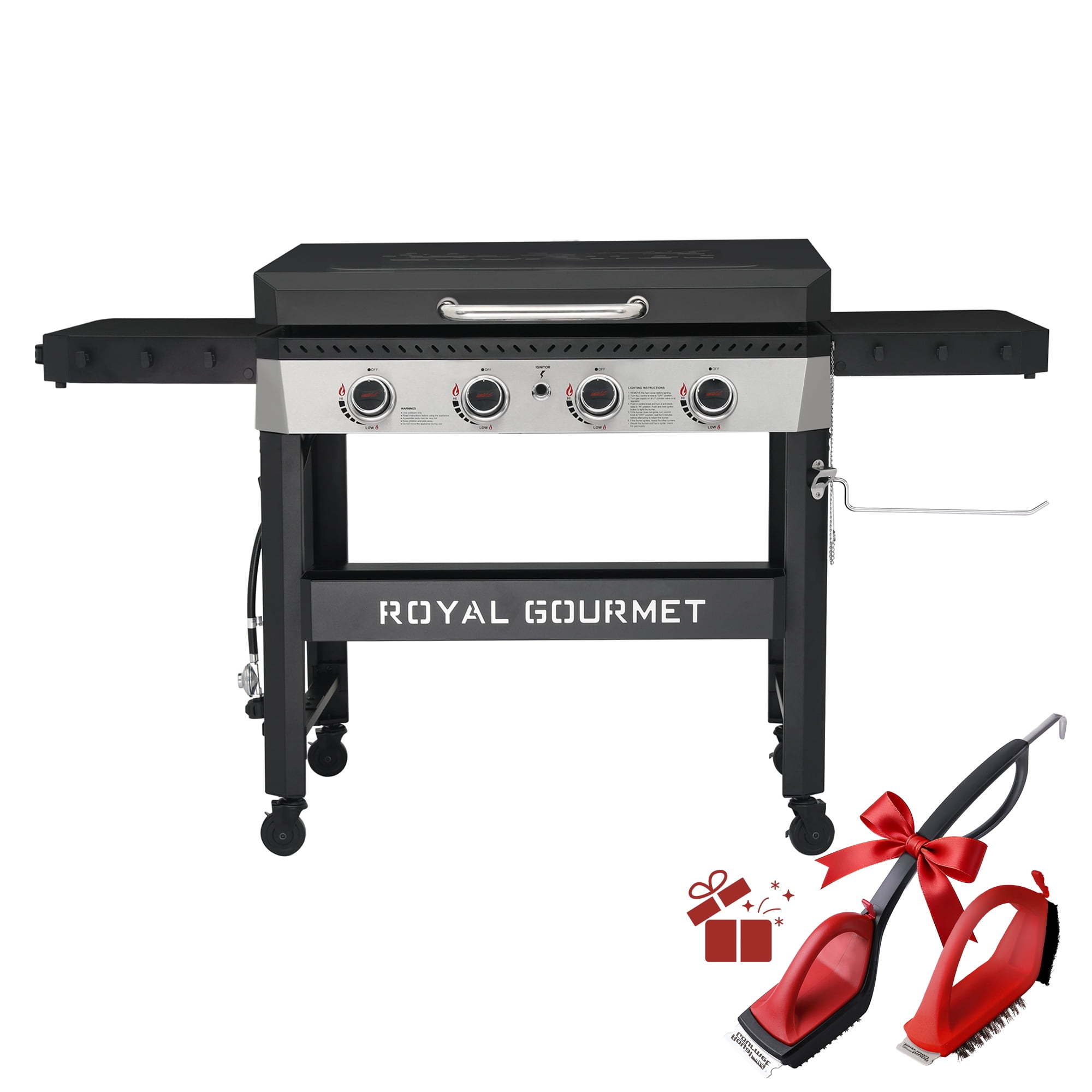 Royal Gourmet GB4007P 34-Inch 4-Burner Propane Gas Griddle with Hood, Griddle with Collapsible Side Shelves and Front Basket