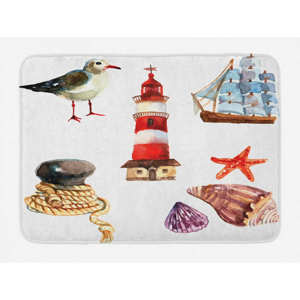 Nautical Bath Mat, Nautical Theme Elements Seagull Boat Lighthouse