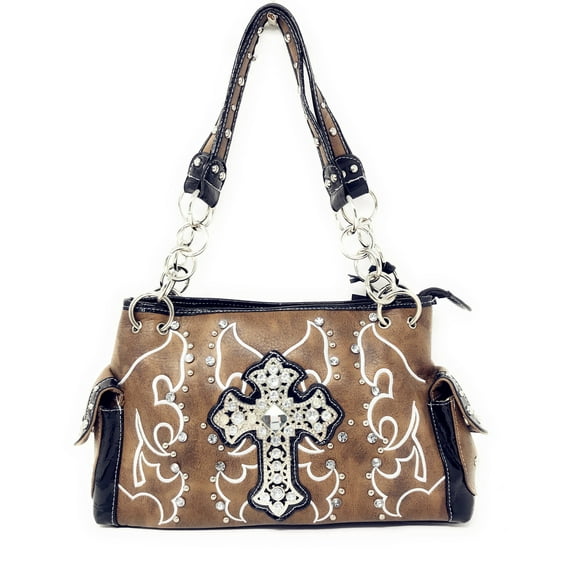 Rhinestone Studded Large Metal Cross Flora Leather Shoulder Handbag Purse In Multi Colors