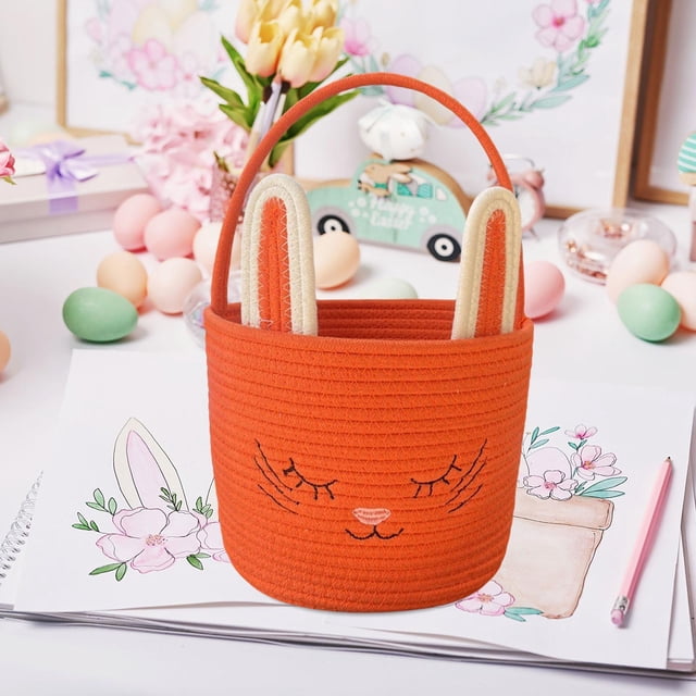 twisto Easter Woven Basket Bunny Ear Decorative Multipurpose Candy Storage Basket with Handle Soft Rope Material Portable Organizer Suitable for Easter Celebrations Family Gatherings Gift Orange