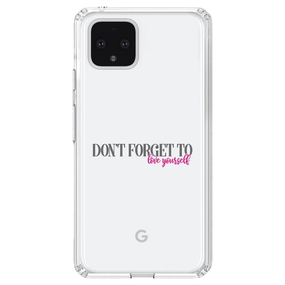 DistinctInk Clear Shockproof Hybrid Case for Google Pixel 4 XL (6.3" Screen) - TPU Bumper Acrylic Back Tempered Glass Screen Protector - Don't Forget to Love Yourself