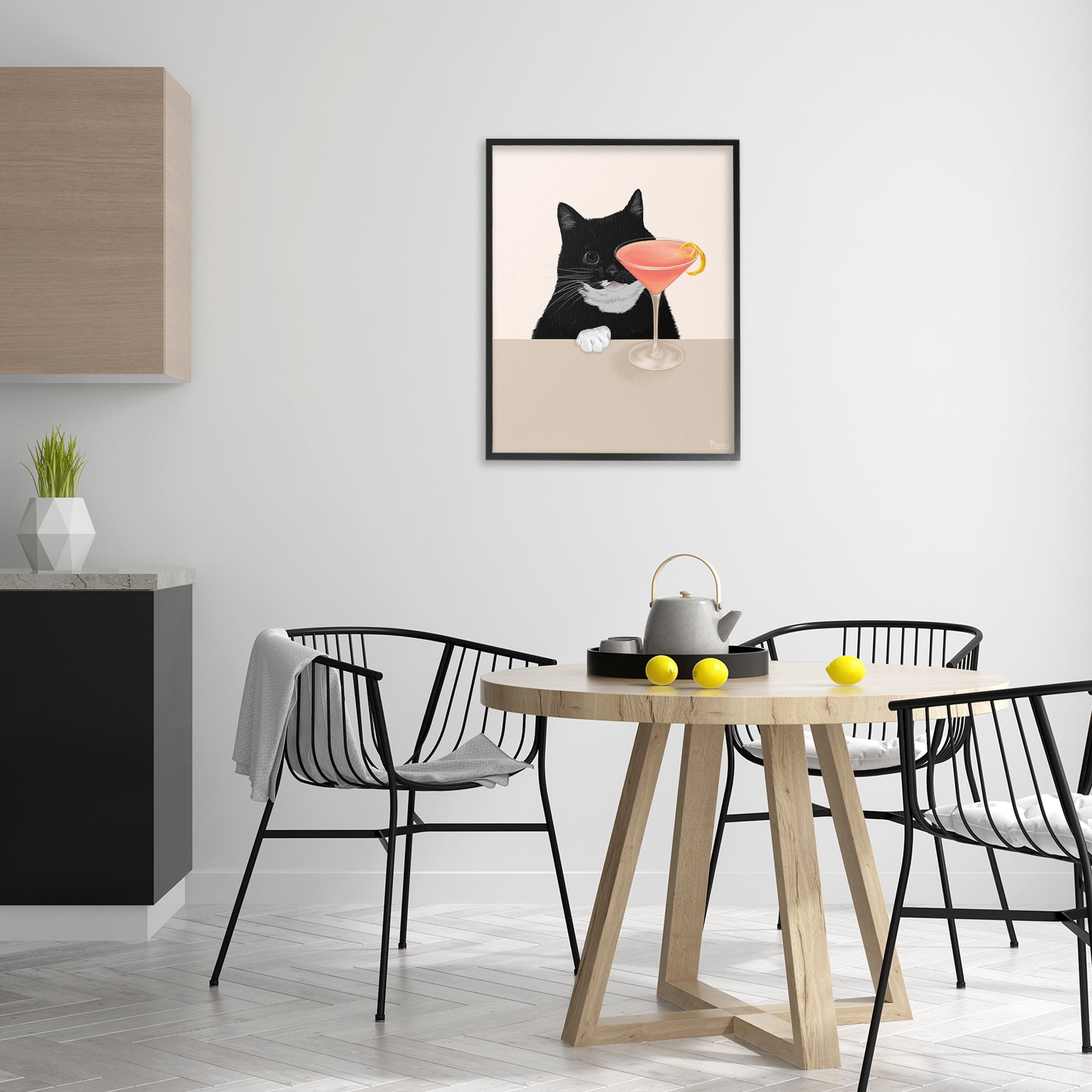 Stupell Industries Cat & Pink Cocktail Food & Beverage Painting Black Framed Art Print Wall Art, 24 x 30