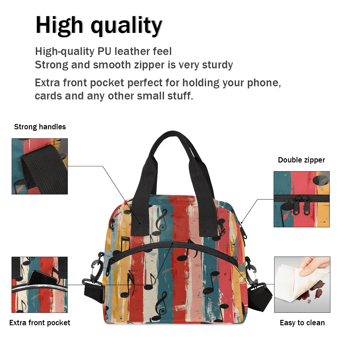 Herdesigns Music Themed Insulated Lunch Bag for Women Men Adults Large Reusable Lunch Box Musical Notes Leakproof Cooler Tote Bags with Adjustable Shoulder Strap