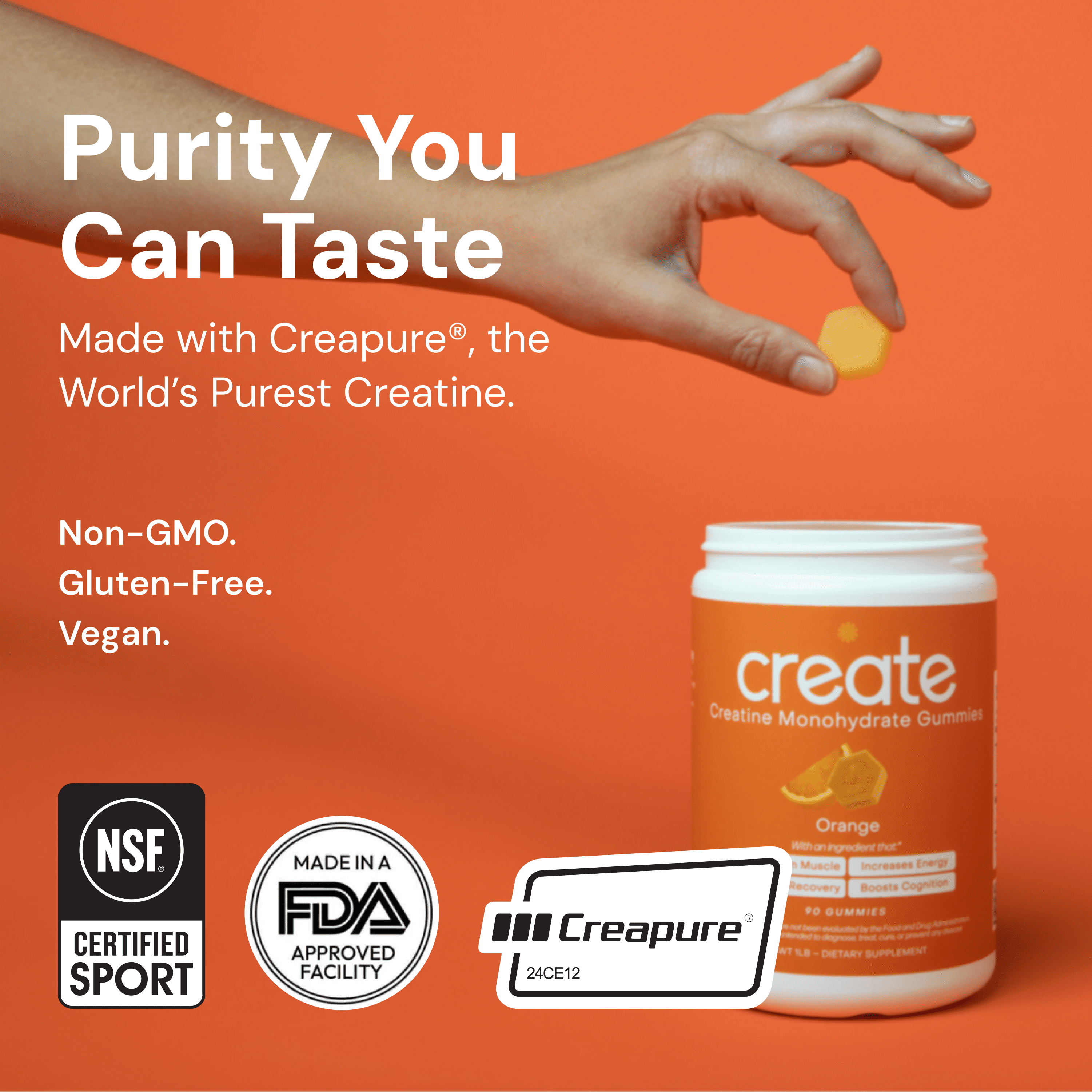 Create Creatine Gummies – 1.5g Creatine Monohydrate Per Gummy, Boost Strength & Focus, Orange, 90 Ct