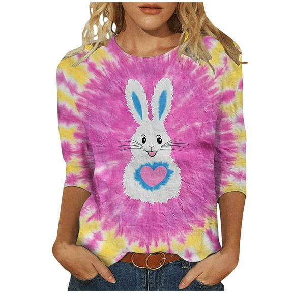 Womens Easter Shirts Funny Rabbit Bunny Graphic Tees Vintage Tie Dye Tops Y2K Shirt 3/4 Sleeve Tops Plus Size T-Shirts Holiday Causal Tunic Blouse