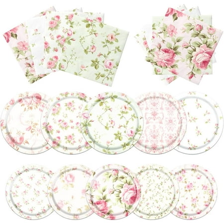 60Pcs Plates and Napkins, Vintage Rose Tableware for Garden Spring Tea Party