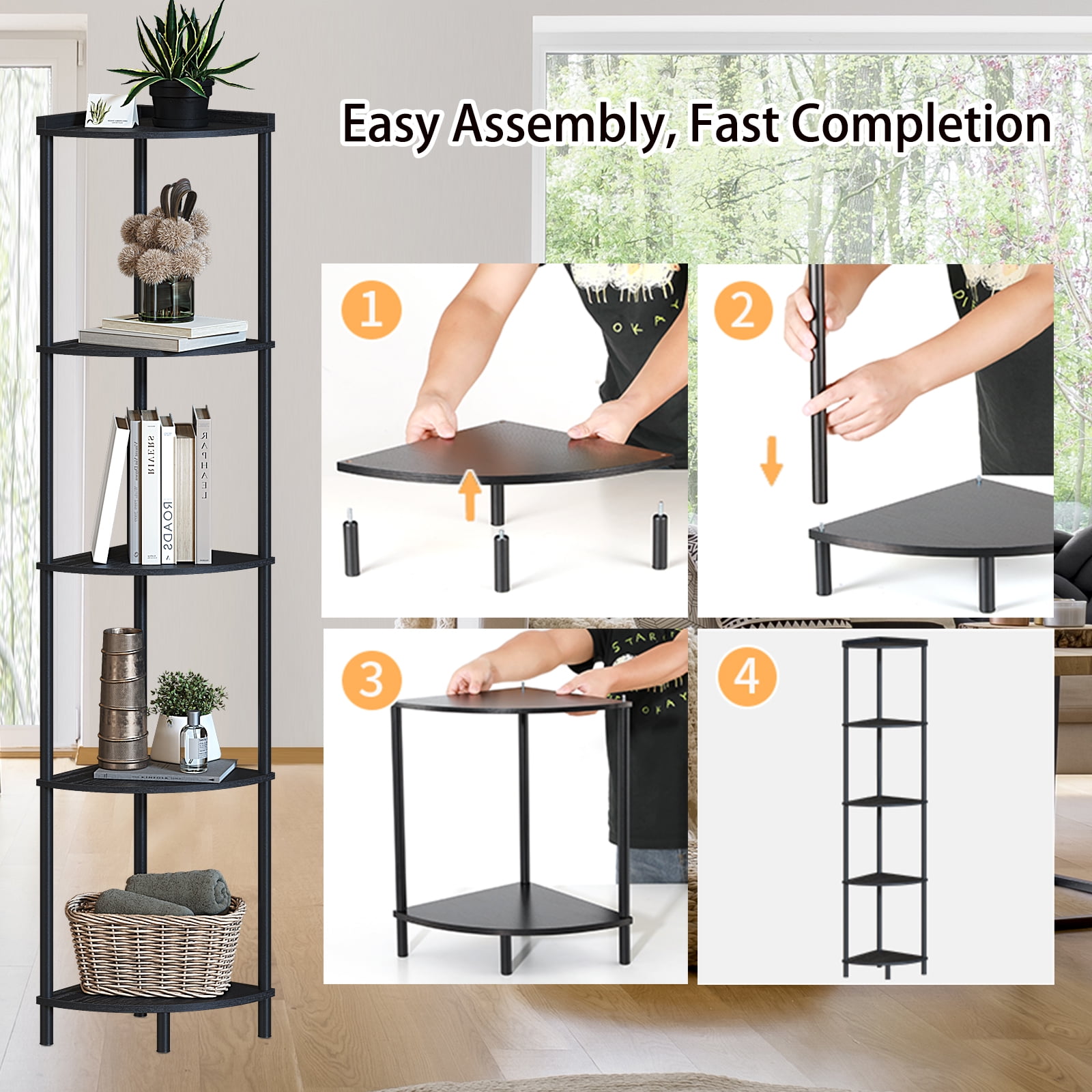 SUNMORY 5-Tier Industrial Corner Shelf Stand, 65" Corner Bookcase Display Shelves, Wall Corner Bookshelf Multi Unit Organizer, Tall Shelf Plant Stand for Bedroom, Bathroom, Living Room, Kitchen