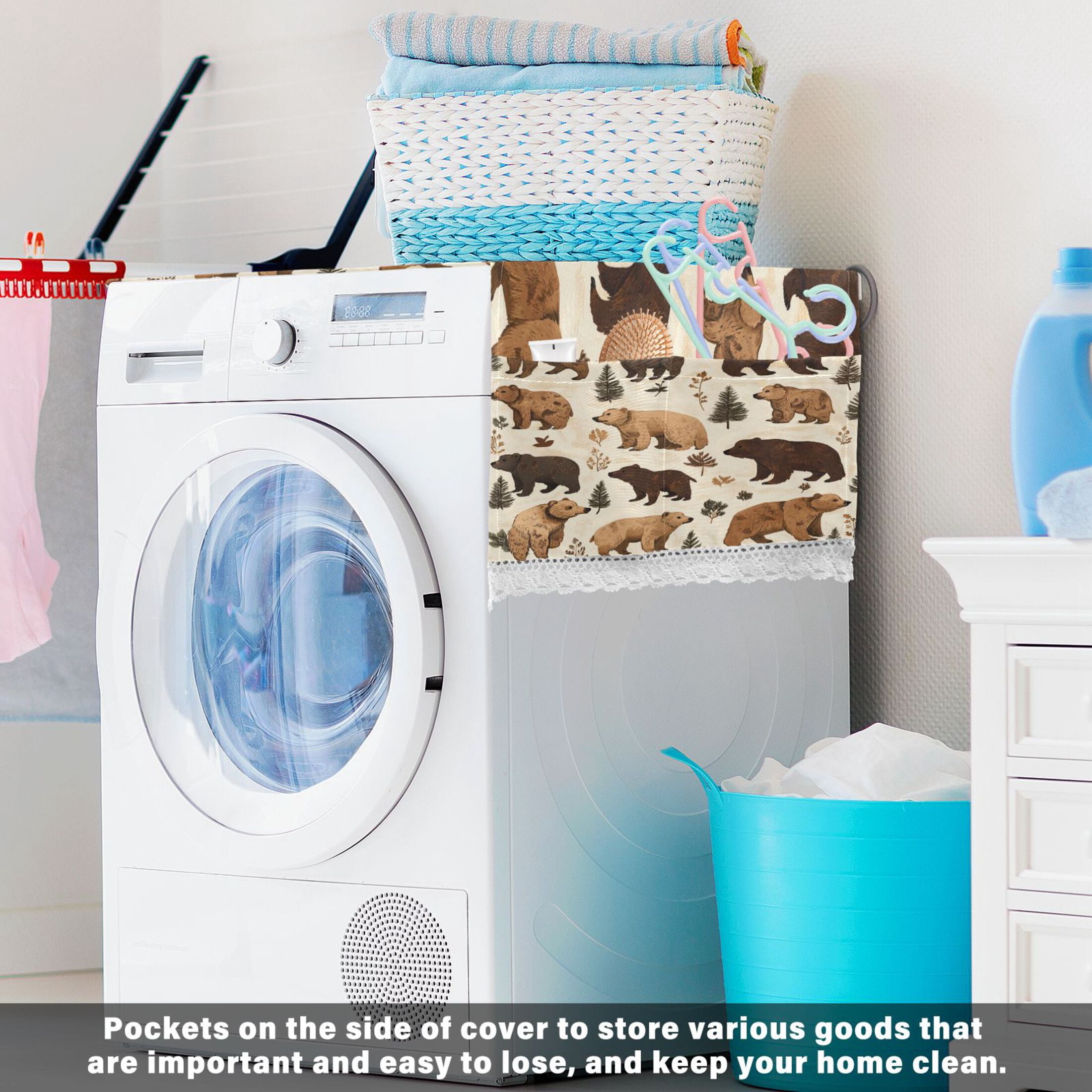 Brown BearWasher and Dryer Covers Dust-Proof and Oil Resistant Fridge Cover with 4 Storage Pockets Washing Machine Top Cover for Laundry Kitchen Home 51.2 x 22 In