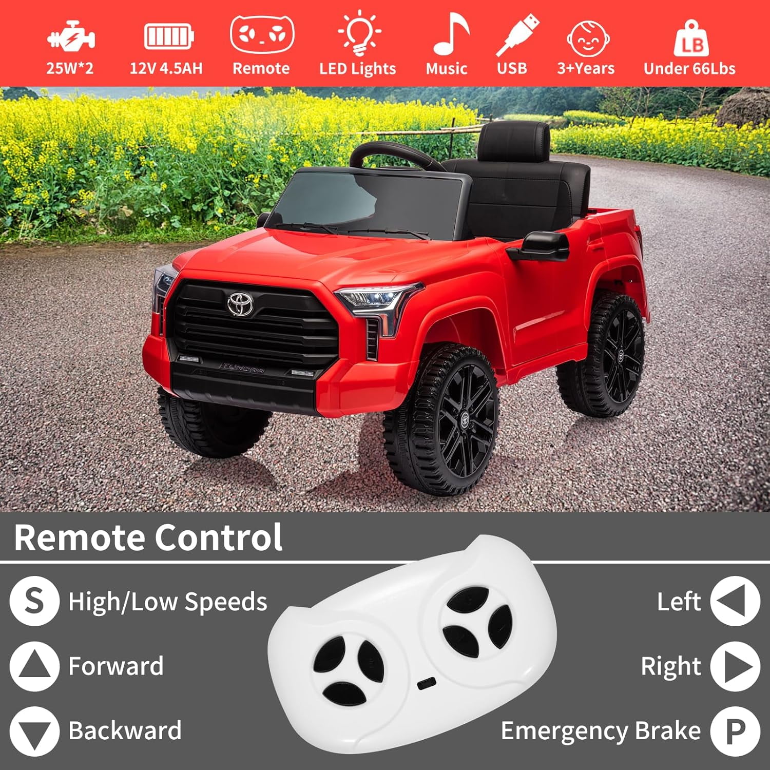 NEILA Toyota Licensed 12V Kids Ride on Truck Car Battery Powered Electric Fun Toys with Remote Control, Spring Suspension, 3 Speeds, LED Lights, Ride on Toy for 3-8 Years Boys & Girls (Red)