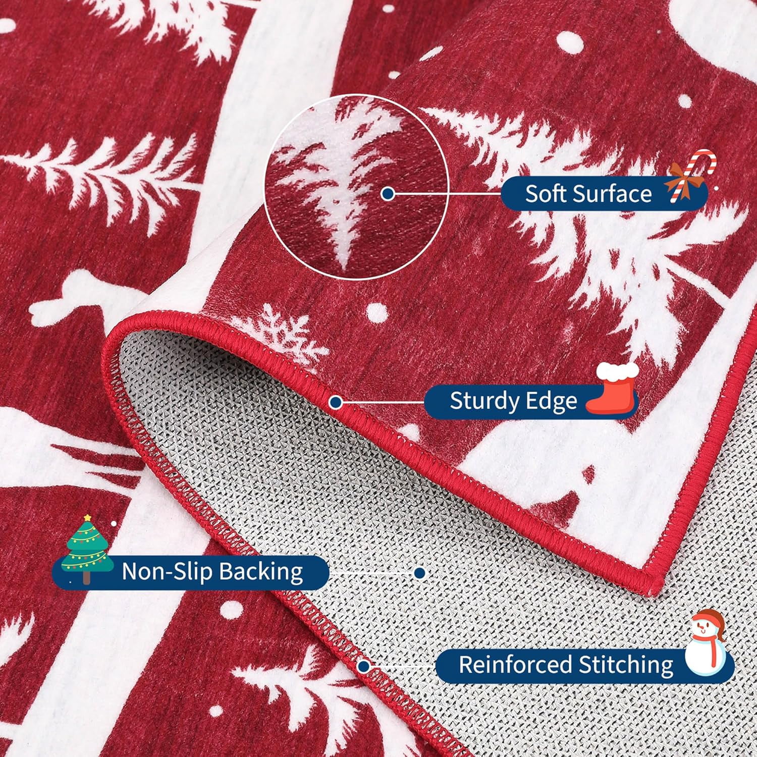 Garvee 6x9 ft Christmas Rug, Washable Non Slip Low Pile Carpet, Xmas Tree Reindeer Snowflake Indoor Rug for Entryway, Kitchen, Living Room, Red