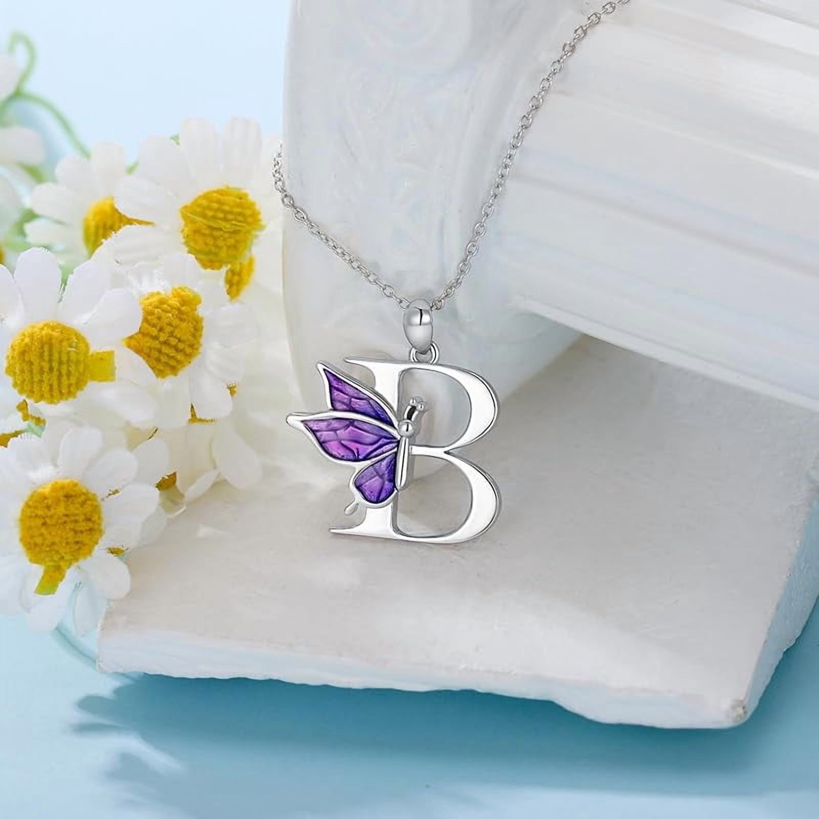 AOBOCO Initial Necklace for Women 925 Sterling Silver Purple Butterfly with A-Z 26 Letters Pendant Necklace for Graduation Gifts