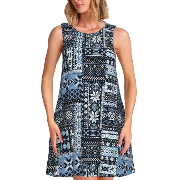 Easygdp Snowflake Vintage Pattern para Vestido Transpirable de Mujer, Vestido Suelto de Manga Corta con Pliegues y Bolsillos para el Verano
