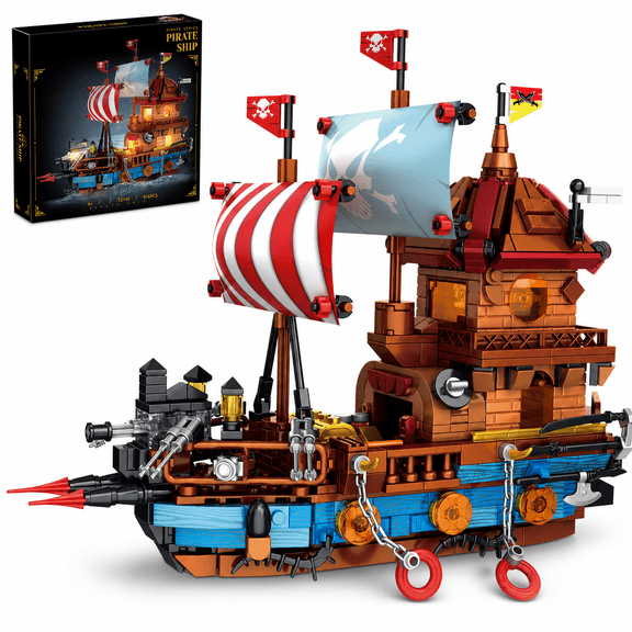 JYRUE Pirate Ship Building Set, 916-Piece Pirate Boat Model Building Blocks Kit with Striped Sails, Detailed Cabin and Cannon Accessories, DIY Construction Toy for Kids, Teens and Adults, Ages 6