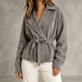 thumbnail image 2 of SONXAHE Faux Suede Wrap Tie Waist Jacket For Women Lapel Collar Long Sleeve Cropped Casual Outerwear Coat, 2 of 4