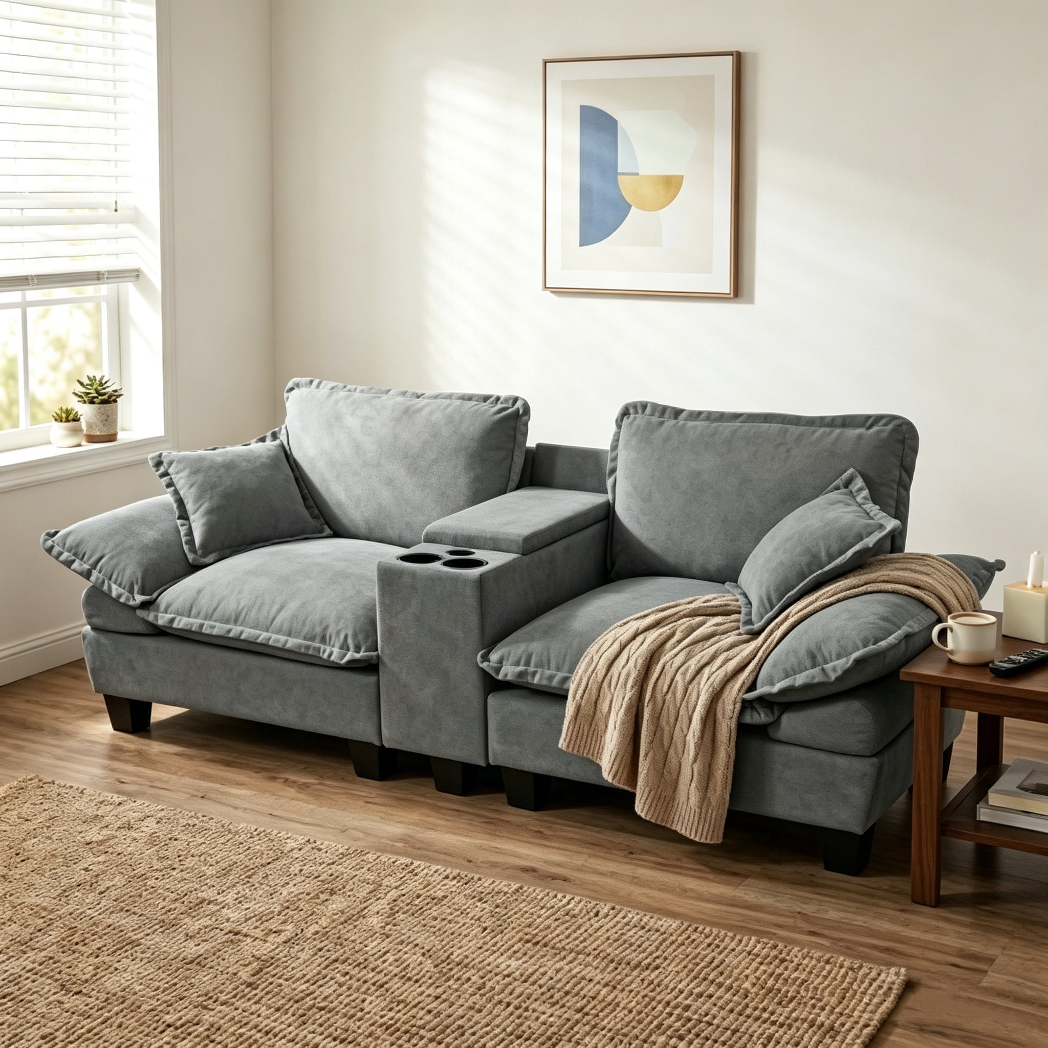 AISWORD Loveseat Sofa with Storage Console, USB Charging Ports & Cup Holders, 2-Seater Sectional Couch for Small Spaces, Grey