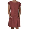 thumbnail image 2 of LOVZFMLL Women's New Solid Button Double Pocket Contrast Round Neck Dress Wine XL, 2 of 8