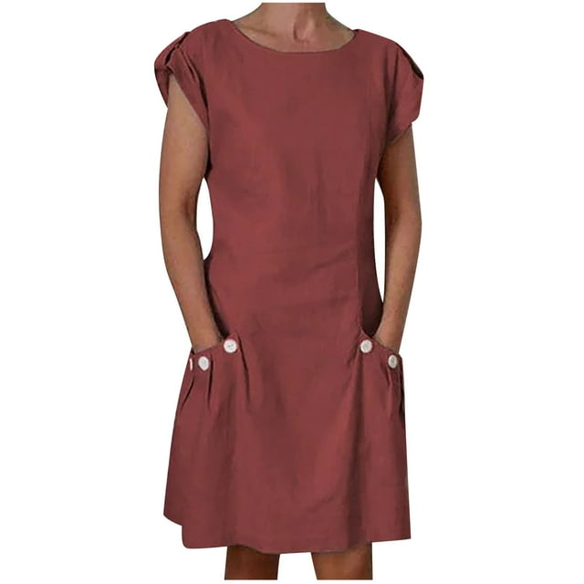 QIPOPIQ Robes pour Femmes avec Poches Manches Courtes Nouvelle Robe d'Été Unie à Boutons Double Robe à Col Rond Contrastant Offres 2023