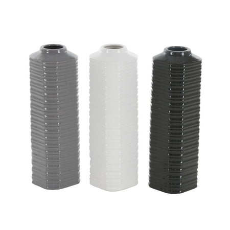 Ribbed Ceramic - Decmode Set of 3 contemporary 13 inch ribbed hexagonal-prism ceramic vases, Gray, White, Black
