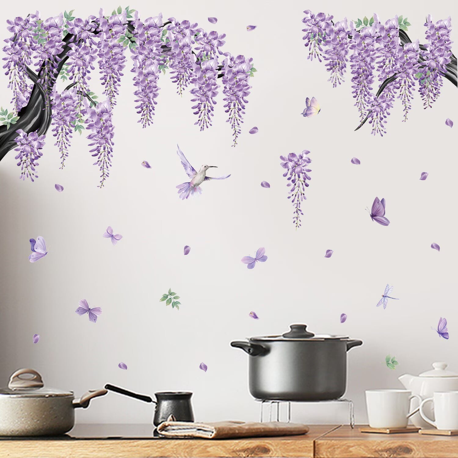 Large Cherry Blossom Tree Wall Stickers,4 Sheets Spring Purple Flower Bird Wall Decals Peel and Stick Waterproof Wall Murals Decor for Living Room Bedroom