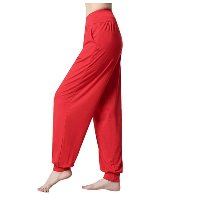 Pantalones deportivos holgados para mujer, pantalones de yoga - Tejido de algodón y lino, cintura plana/bolsillos - Cintura alta/pierna ancha, aptos para fitness/uso informal, sin elasticidad