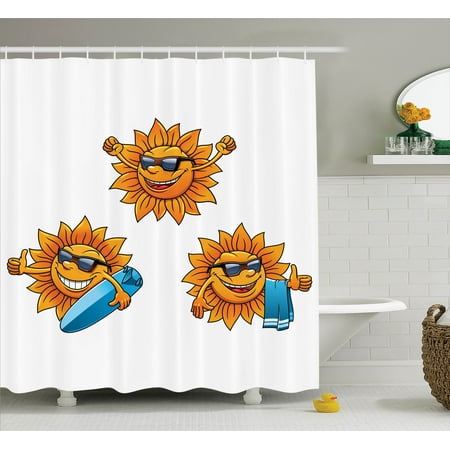 Cartoon Decor Shower Curtain Set Surf Sun Characters Wearing Shades Cartoon Decor Shower Curtain Set Surf Sun Characters Wearing Shades And Surfboards Fun Hippie Summer