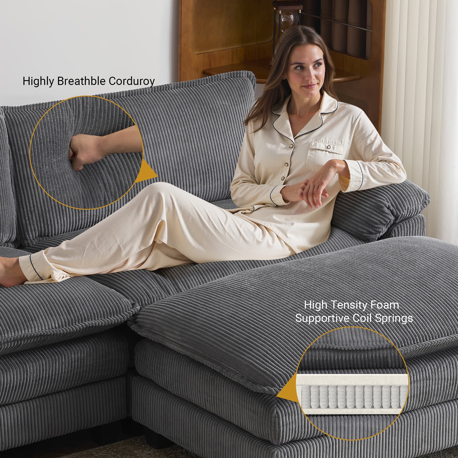 Zimtown 90“ Sofa Bed Couch with Pillow Arms and Double Layer Cushions, Corduroy Loveseat Sofa with Removable Ottoman for Living Room, Gray