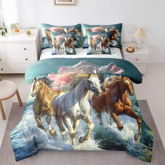 Horse Bedding Comforter Sets 7Pcs Galloping Horse Bed In A Bag ,Wild Animal Twin Bedding Sets Pink Floral Sheet Set With Comforter Wildlife Themed Bed Set Teal Room Decorative