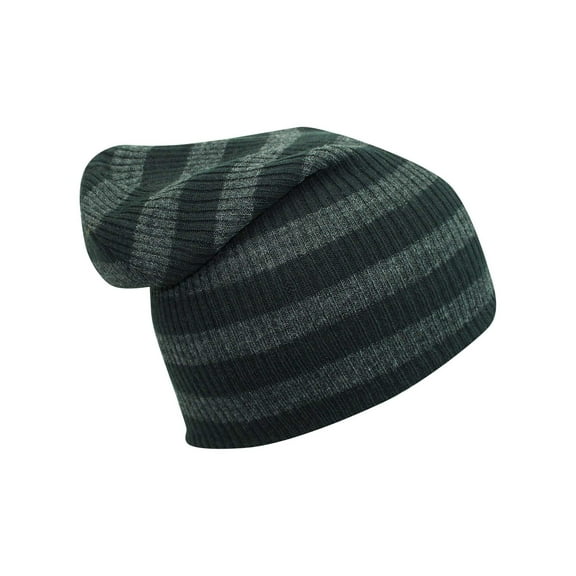 Dark Gray Striped Knit Slouchy Beanie Cap Hat